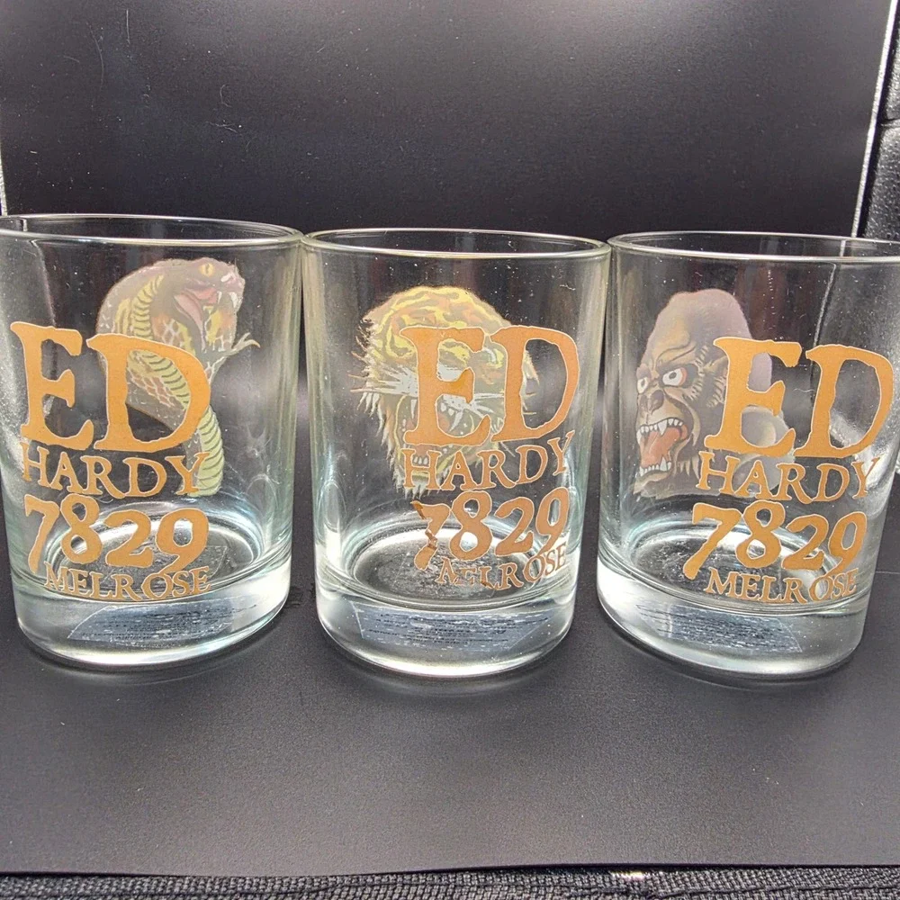 Ed Hardy Whiskey Glasses Set of 3 Clear Gold Tattoo Art Tiger Cobra Gorilla Good